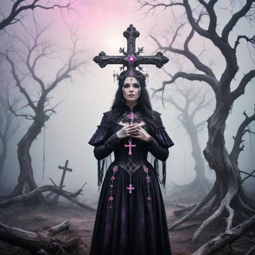 Gothic Woman in Dark Forest with Cross Crown
