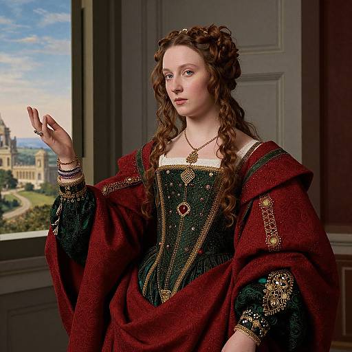 Photograph of a fair-skinned, brown-haired woman in a rich, medieval-style green and red gown, adorned with gold embroidery and jewels, standing