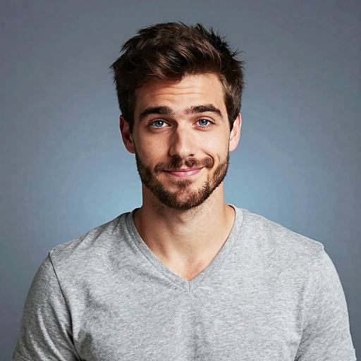 Photograph of a handsome, bearded man with blue eyes, short brown hair, wearing a light gray V-neck shirt, smiling subtly against a gradient