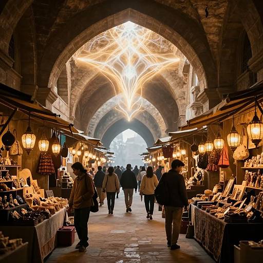 Photograph of a bustling medieval market under an ornate, arched stone ceiling with glowing lanterns, shoppers walking along vibrant stalls.