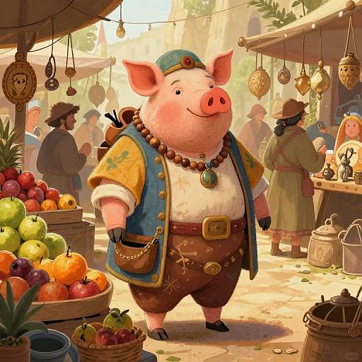 Digital illustration of a cheerful, anthropomorphic pig in Renaissance attire, standing in a vibrant, sunlit market with colorful fruits and hanging ornaments, surrounded by