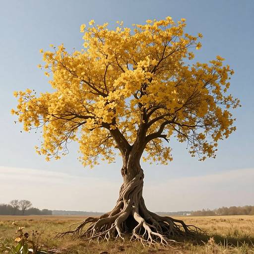 Photograph of a solitary, gnarled tree with vibrant yellow flowers under a clear blue sky, standing in a sunlit, open field.