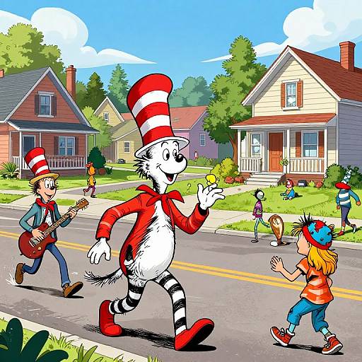 Colorful cartoon of children and striped white cat in red hat walking on suburban street, playing guitar, holding flower, and running. Bright houses and green
