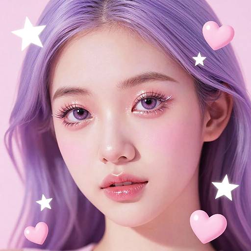 Digital portrait of a young woman with lavender hair, pink heart and star overlays, and bright purple eyes, set against a soft pink background.