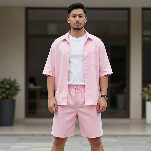 Photograph of a young Asian man with short black hair, wearing a pink shirt and shorts, white t-shirt, black watch, standing in front of