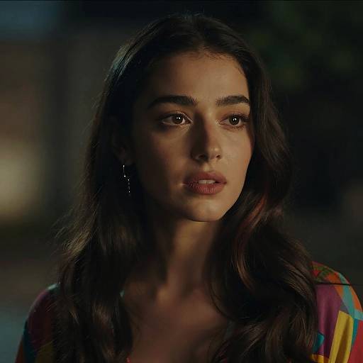 Photograph of a young woman with long dark hair, brown eyes, and subtle makeup, wearing a colorful striped top, in dim lighting.
