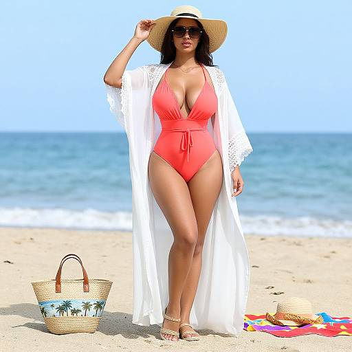 Photograph of a curvy woman with tan skin, wearing a red one-piece swimsuit, white lace robe, sunhat, and sunglasses, standing
