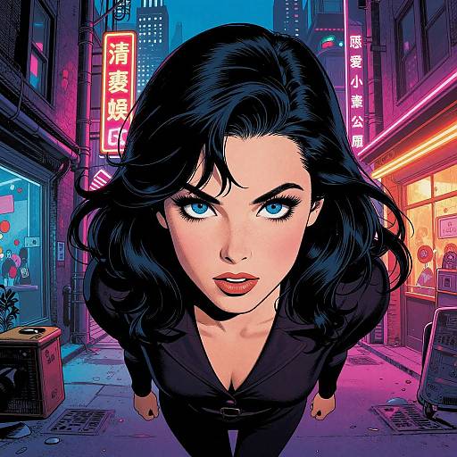 Digital comic-style illustration of a fierce woman with striking blue eyes, black wavy hair, and black outfit, looming over a neon-lit urban street