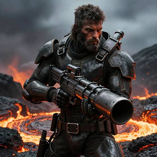 Bearded warrior in dark, metallic armor with fur trim, holding a large rifle, standing amidst fiery volcanic rocks and smoke. Photorealistic CGI.