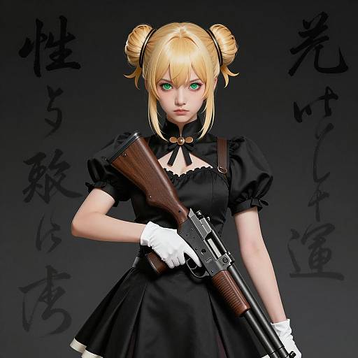 Anime Woman with Gun and Japanese Calligraphy