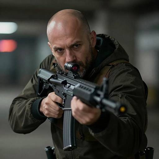 Bearded Man Aiming Assault Rifle at Night