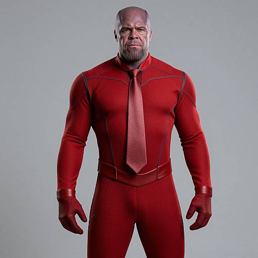 Photograph of a bald, bearded man in a tight, red superhero suit with matching red tie, standing against a light blue background.