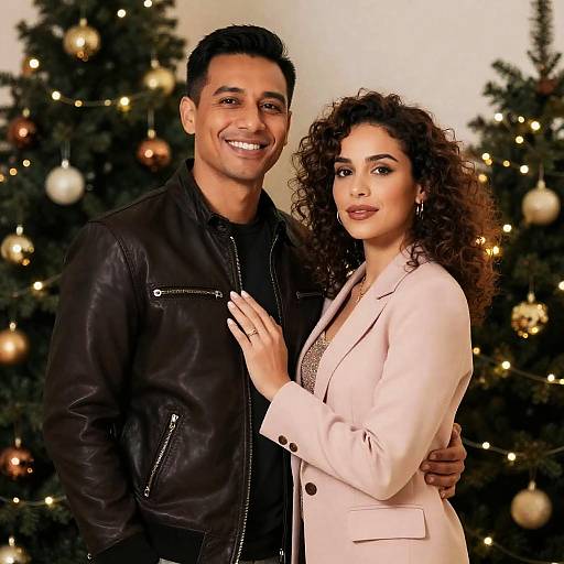 Festive Couple Portrait by Christmas Trees