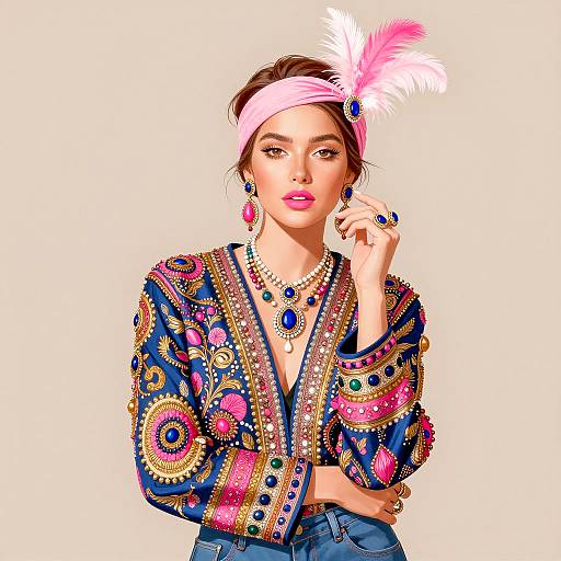 Fashionable Woman in Jeweled Jacket and Pink Headband