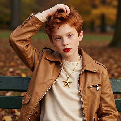 Photograph of a young red-haired boy with fair skin, wearing a brown leather jacket, white sweater, gold star necklace, and red lipstick, sitting