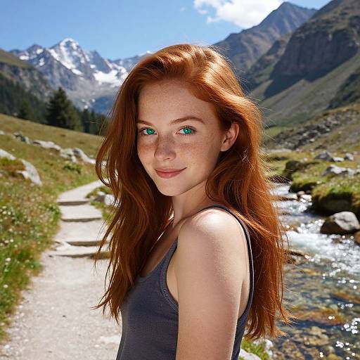 Photograph of a fair-skinned, freckled redheaded woman with green eyes, wearing a dark tank top, standing on a mountain path with