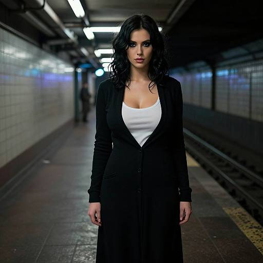 Photograph of a dark-haired woman with wavy hair, wearing a black cardigan over a low-cut white top, standing in a dimly lit