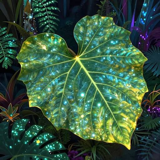 Digital artwork of a glowing, bioluminescent leaf with yellow and blue lights, surrounded by dark, vibrant forest foliage and small glowing plants.