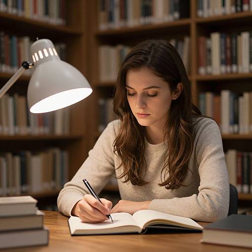 Photograph of a focused, young woman with long brown hair, wearing a beige sweater, writing in an open book under a white desk lamp in a