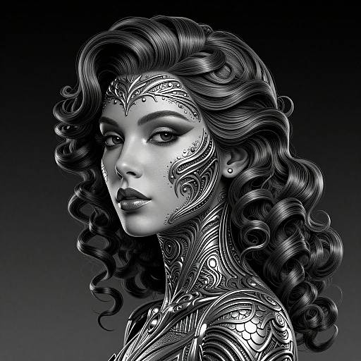 Digital black-and-white portrait of a woman with intricate, swirling facial tattoos and curly hair, set against a gradient dark background.