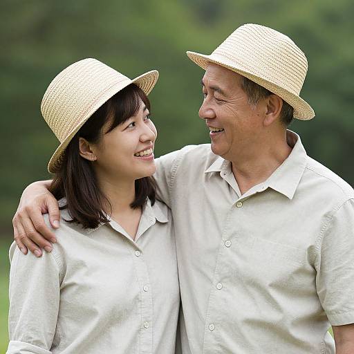Photograph of smiling Asian couple in white shirts and straw hats, standing close with the man's arm around the woman's shoulder, against a blurred green
