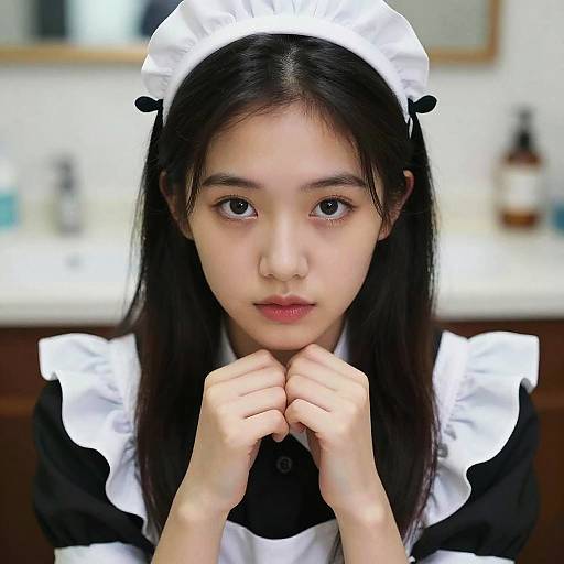 Photograph of an Asian woman with long black hair, wearing a black and white maid outfit, white headpiece, and focused expression, hands clasped