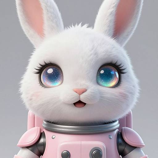 CGI image of a cute, white, fluffy bunny with large, iridescent blue eyes, wearing pink robotic armor, against a gradient gray background