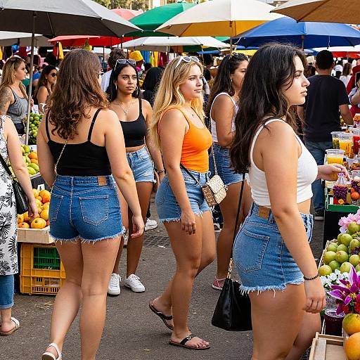 Photograph of five young women with varying hair colors and styles, wearing black and orange tank tops, denim shorts, and sandals, browsing a colorful outdoor