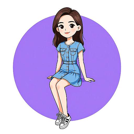 Digital drawing of a cute young girl with long brown hair, wearing a blue denim dress and white sneakers, sitting against a purple circle background.