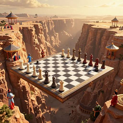 Photorealistic CGI: Chessboard with oversized pieces on a cliff, surrounded by colorful figures, ornate pavilions, and a sunset desert landscape