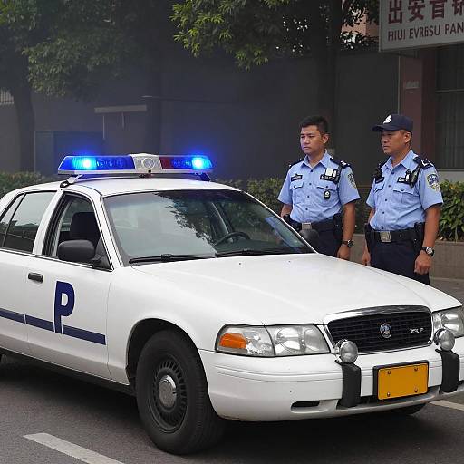 Vintage Police Car with Officers in Fog