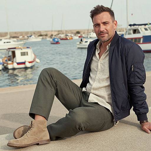 Photograph of a casually dressed, bearded man with short brown hair, sitting on a dock by a marina, wearing a navy jacket, white