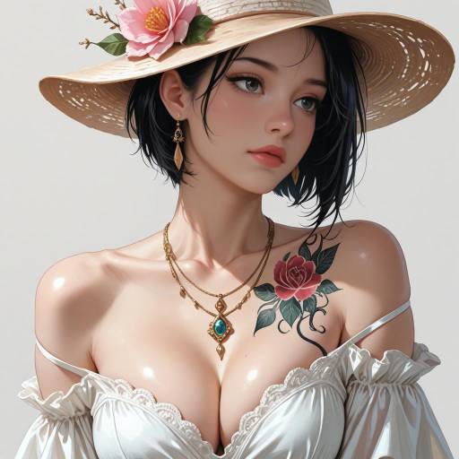 Elegant Woman with Floral Hat and Rose Tattoo