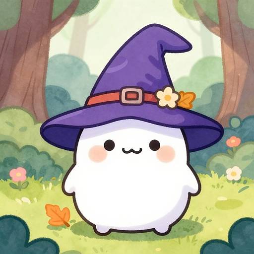 Adorable white ghost with a purple witch hat, red belt, and flower, standing in a sunny forest with colorful flowers. Digital art style.