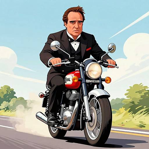 Illustration of a serious, middle-aged man in a black suit riding a red Honda motorcycle on a sunny road.