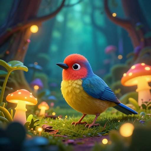 Vibrant digital artwork of a colorful bird with red head, blue wings, and yellow belly in a magical forest with glowing mushrooms and fairy lights.