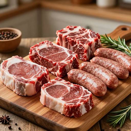 Photograph of raw beef steaks and sausages on a wooden cutting board with a bowl of black peppercorns and rosemary.