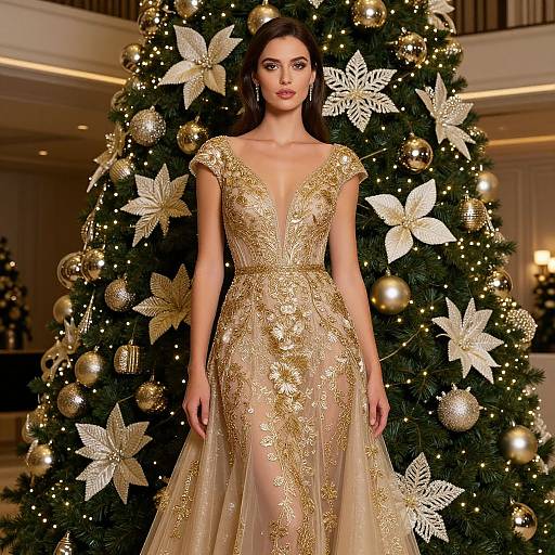 Photograph of a dark-haired woman in a gold, sheer, deep V-neck gown with intricate embroidery, standing in front of a decorated Christmas tree with