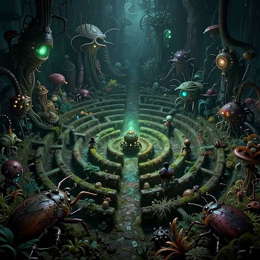 Digital art of a dark, futuristic maze filled with glowing, robotic creatures and bioluminescent plants, illuminated by green lights.
