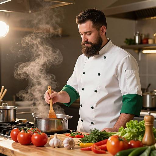 Photograph of bearded male chef in white double-breasted uniform, stirring pot with wooden spoon, surrounded by fresh vegetables and kitchen tools, with steam
