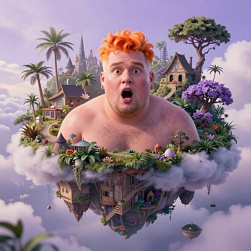 CGI image of a surprised, red-haired, shirtless man floating above a whimsical, cloud-covered village with houses, palm trees, and purple
