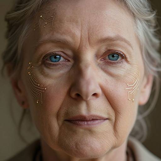 Close-up photograph of an elderly woman with blue eyes, gray hair, and light skin, featuring gold geometric patterns on her forehead. She smiles softly,