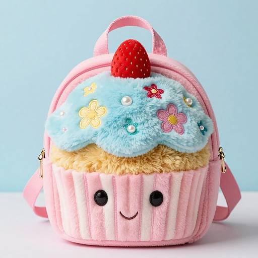 Cute pink backpack shaped like a cupcake with blue frosting, strawberry, and flower decorations, featuring a smiling face and zipper.