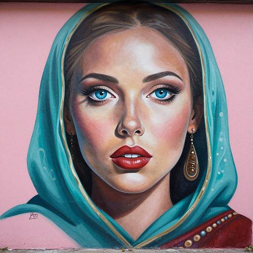 Digital painting of a woman with striking blue eyes, red lipstick, and a turquoise headscarf, wearing a gold earring, against a pink background