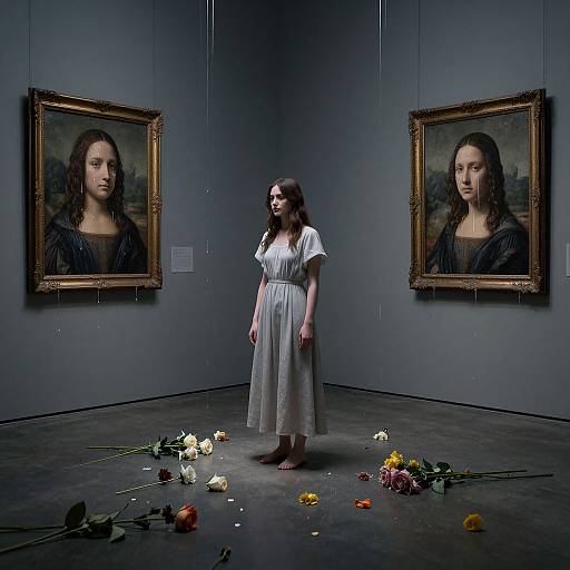 Photograph of a young woman in a white dress standing between two Mona Lisa paintings, surrounded by scattered flowers on a gray gallery floor.