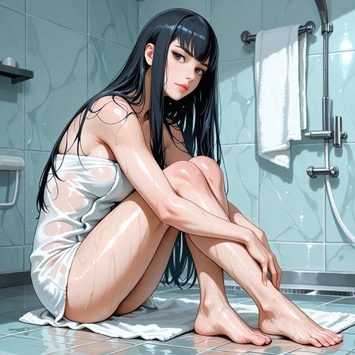 Anime Style Woman Sitting in Wet Towel
