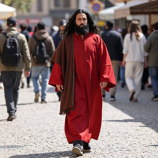 Man in Red Robe on Bustling Street