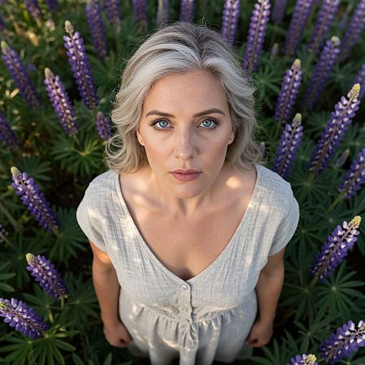 Photograph of a blonde woman with blue eyes, wearing a white, button-up dress, standing among tall purple lupine flowers, looking upwards.