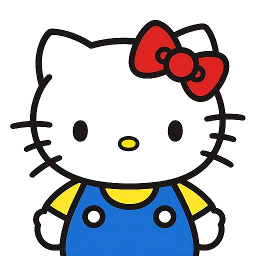 Digital drawing of Hello Kitty with a large red bow, white face, black oval eyes, yellow nose, and blue overalls with yellow sleeves.