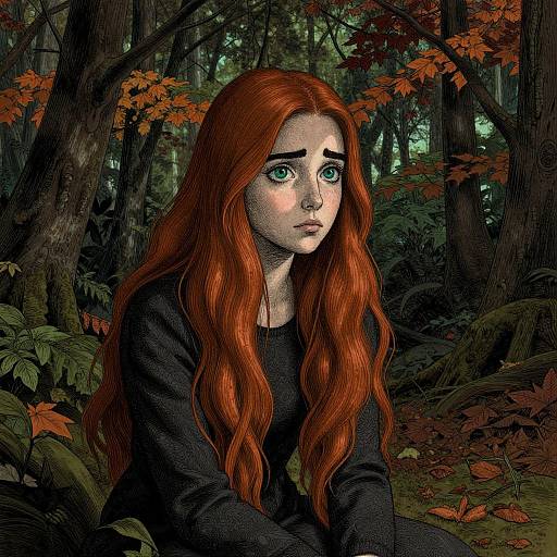 Digital drawing of a sad, red-haired girl with green eyes in a dark forest, wearing a black long-sleeve shirt, surrounded by autumn leaves
